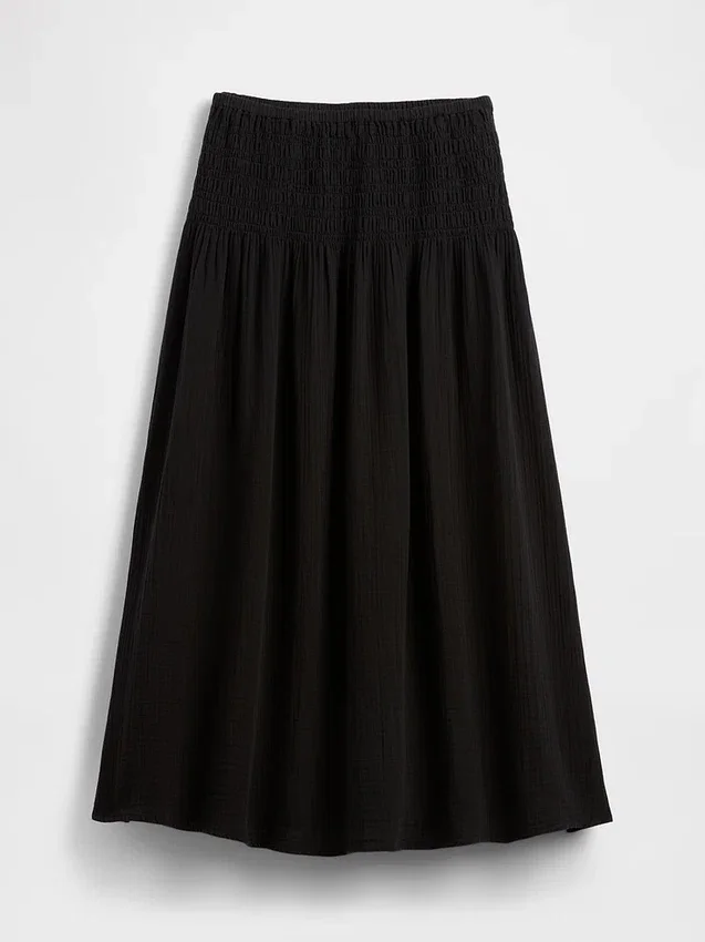 Jupe longue en gaze de coton à taille smockée