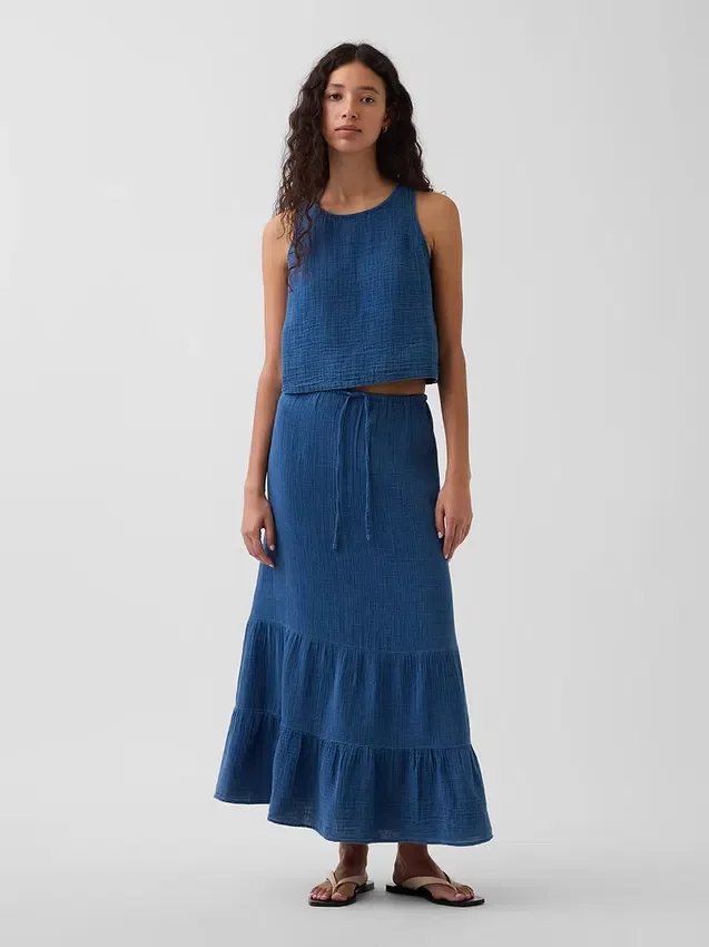 Jupe longue facile à enfiler à volants en denim de gaze de coton
