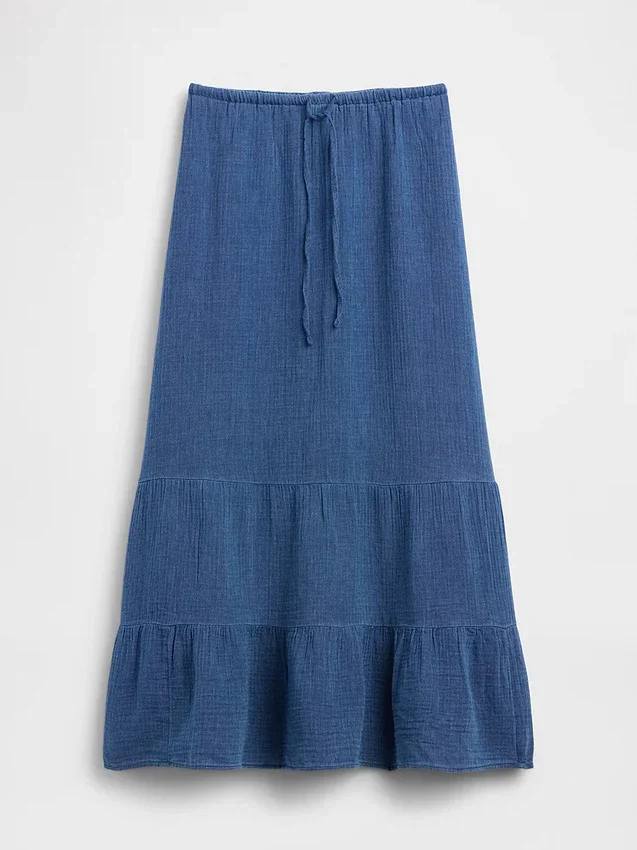 Jupe longue facile à enfiler à volants en denim de gaze de coton