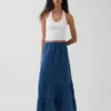 Jupe longue facile à enfiler à volants en denim de gaze de coton