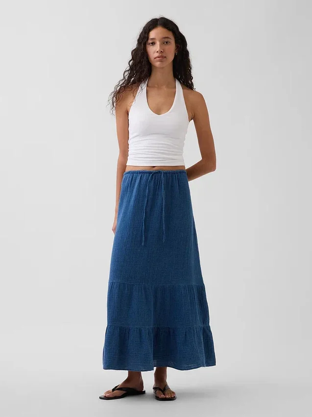 Jupe longue facile à enfiler à volants en denim de gaze de coton