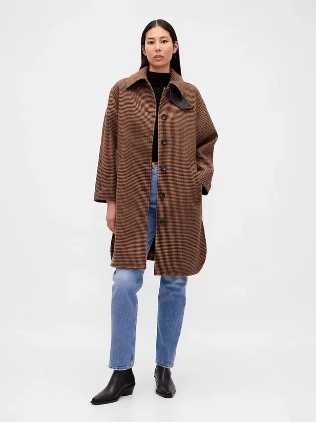Manteau de voiture oversize en laine mélangée à motif pied-de-poule