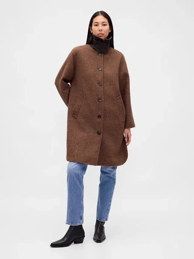 Manteau de voiture oversize en laine mélangée à motif pied-de-poule