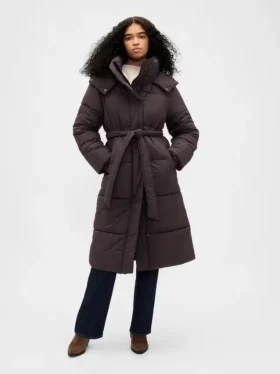 Manteau matelassé long à ceinture