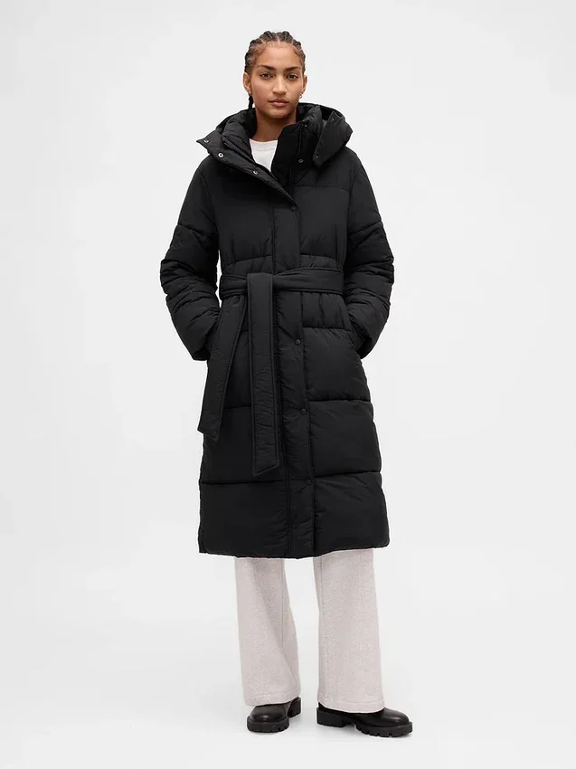 Manteau matelassé long à ceinture