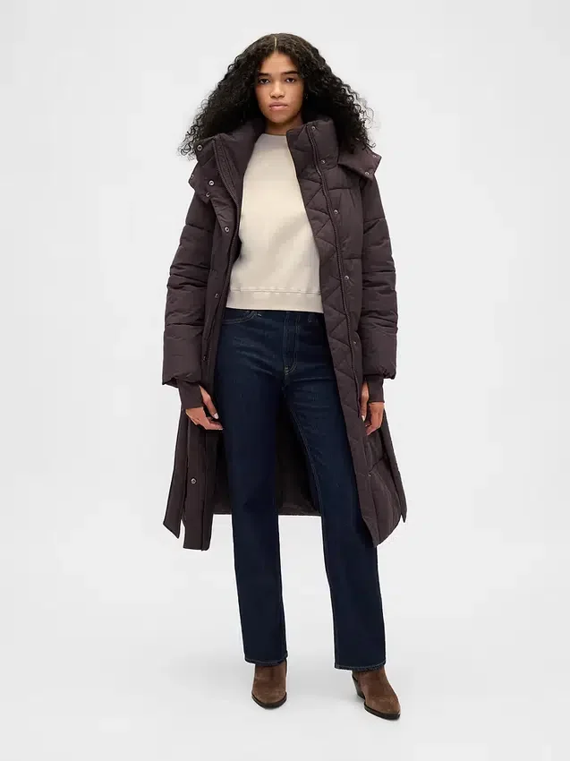 Manteau matelassé long à ceinture