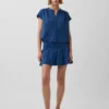 Mini-jupe-short en denim de gaze de coton à taille smockée