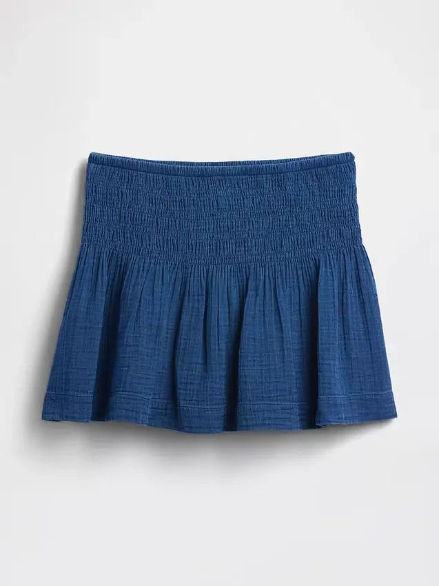Mini-jupe-short en denim de gaze de coton à taille smockée