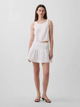 Mini-jupe-short en gaze de coton à taille smockée