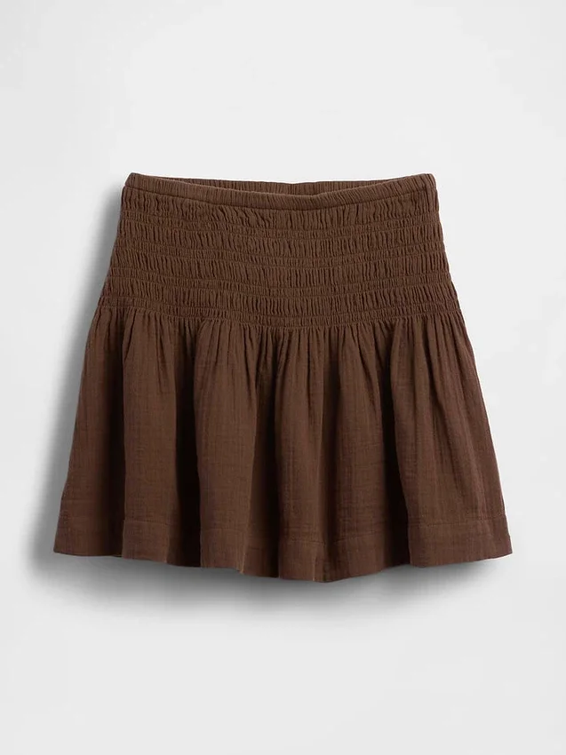 Mini-jupe-short en gaze de coton à taille smockée