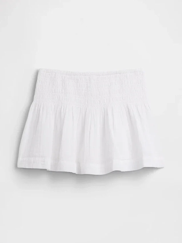 Mini-jupe-short en gaze de coton à taille smockée