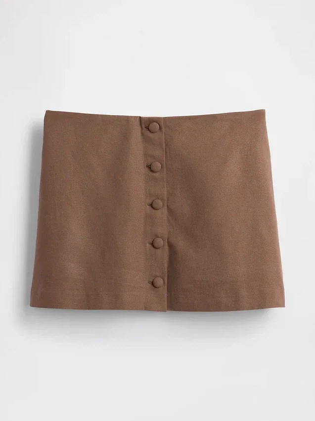 Mini-jupe-short en mélange de lin à boutonnage sur le devant