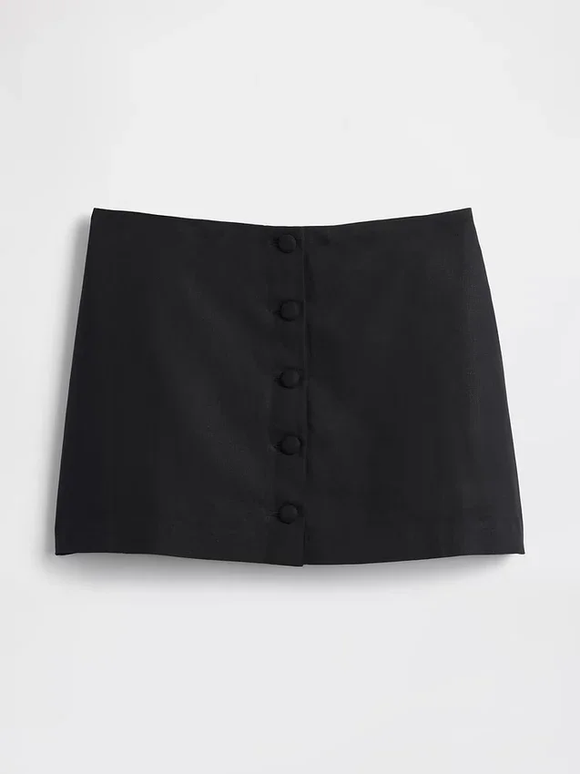 Mini-jupe-short en mélange de lin à boutonnage sur le devant