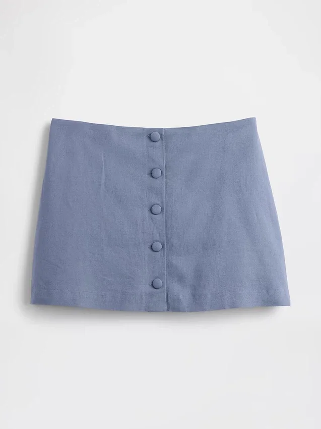Mini-jupe-short en mélange de lin à boutonnage sur le devant