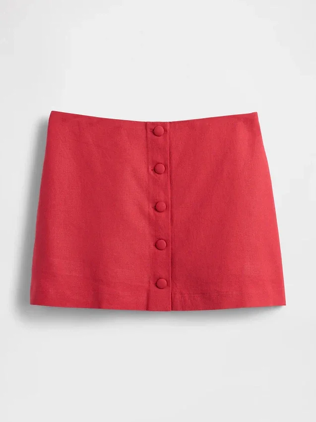 Mini-jupe-short en mélange de lin à boutonnage sur le devant