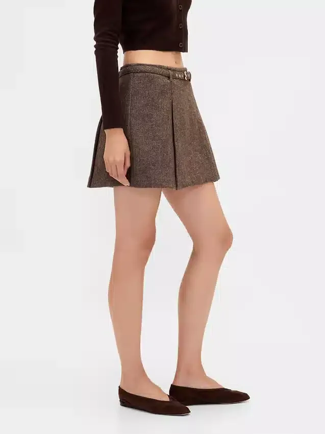 Mini-jupe-short plissée en mélange de laine