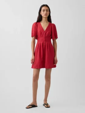 Mini-robe chemise cintrée en mélange de lin