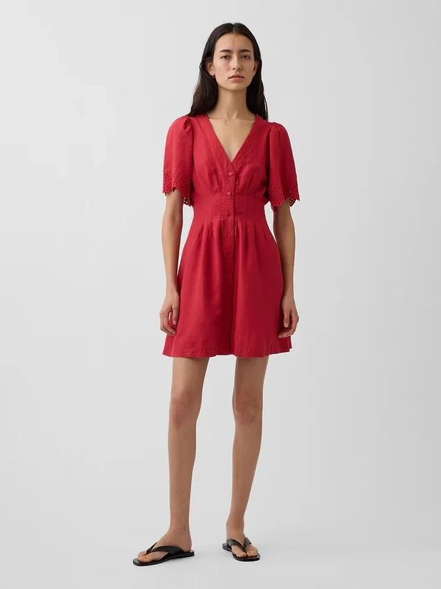 Mini-robe chemise cintrée en mélange de lin