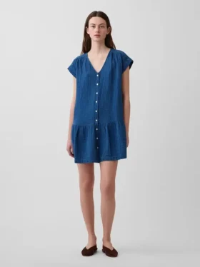 Mini-robe chemise en denim de gaze de coton à taille basse
