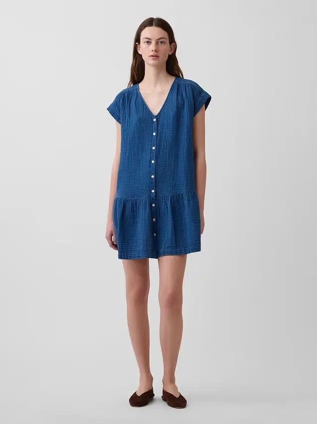 Mini-robe chemise en denim de gaze de coton à taille basse