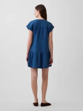 Mini-robe chemise en denim de gaze de coton à taille basse