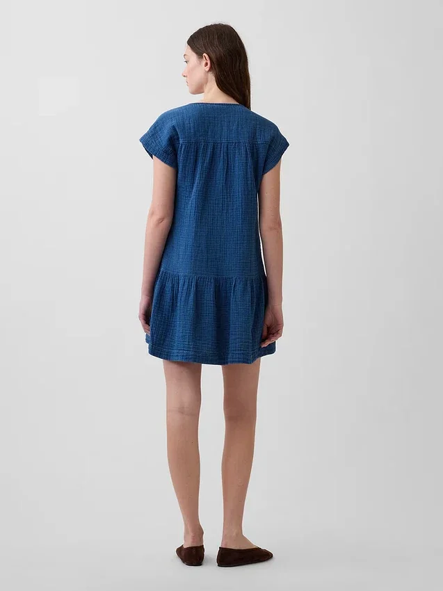 Mini-robe chemise en denim de gaze de coton à taille basse