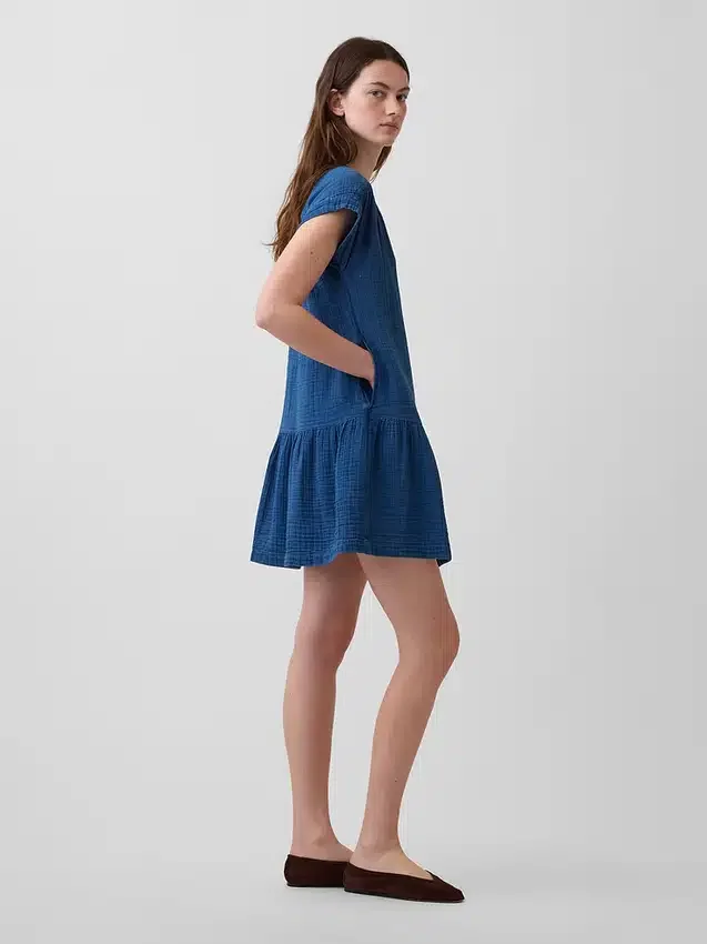 Mini-robe chemise en denim de gaze de coton à taille basse
