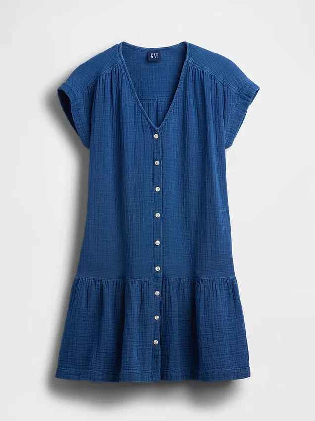 Mini-robe chemise en denim de gaze de coton à taille basse
