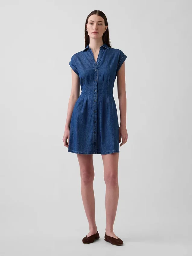 Mini-robe chemise en denim plissée