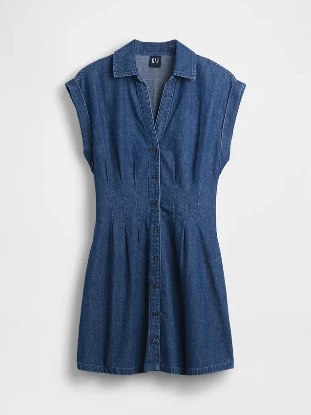 Mini-robe chemise en denim plissée