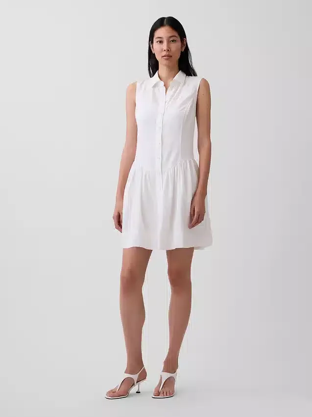 Mini-robe chemise à taille basse en mélange de lin