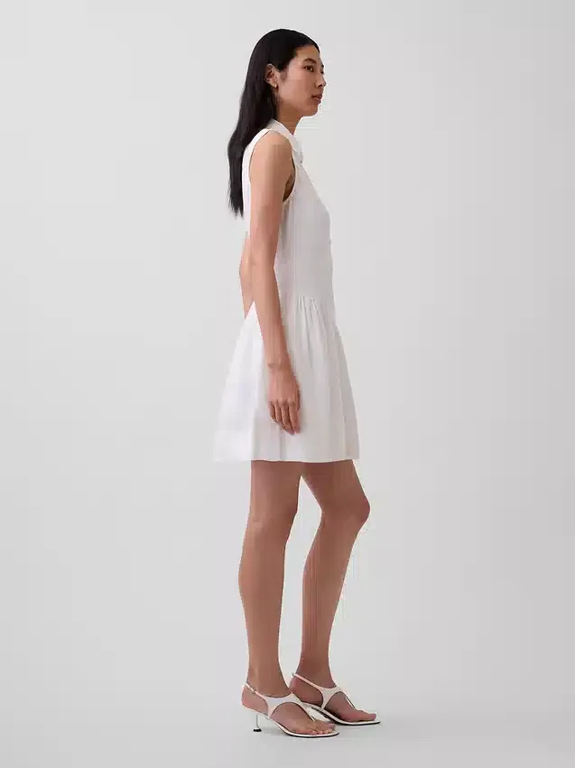 Mini-robe chemise à taille basse en mélange de lin