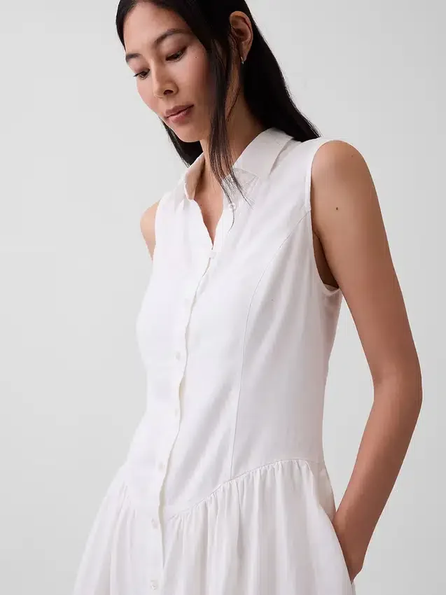 Mini-robe chemise à taille basse en mélange de lin