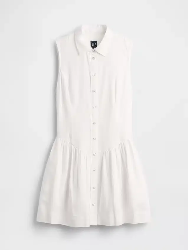 Mini-robe chemise à taille basse en mélange de lin