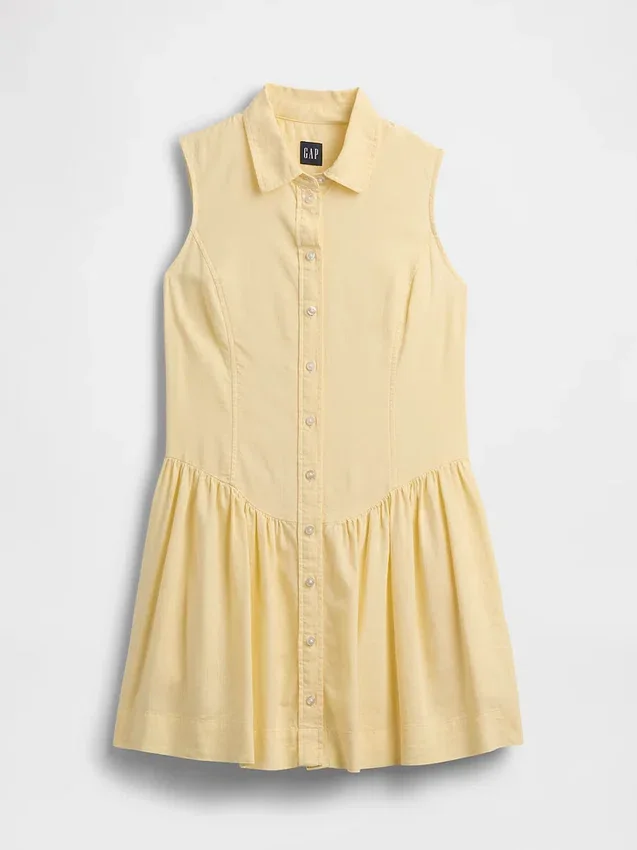 Mini-robe chemise à taille basse en mélange de lin