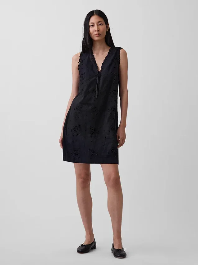 Mini-robe droite brodée en mélange de lin