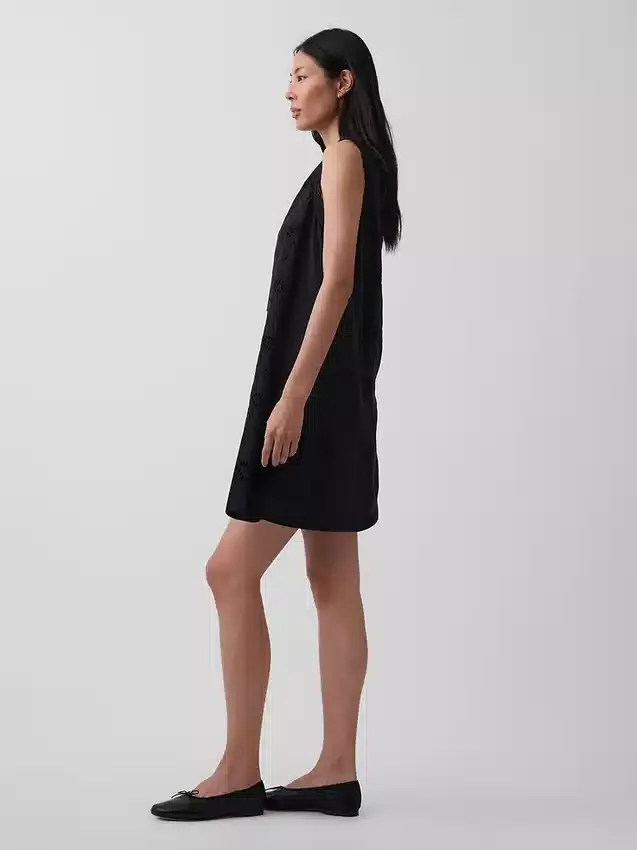 Mini-robe droite brodée en mélange de lin