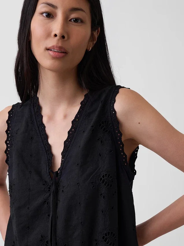 Mini-robe droite brodée en mélange de lin