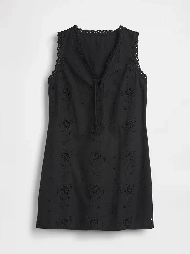 Mini-robe droite brodée en mélange de lin