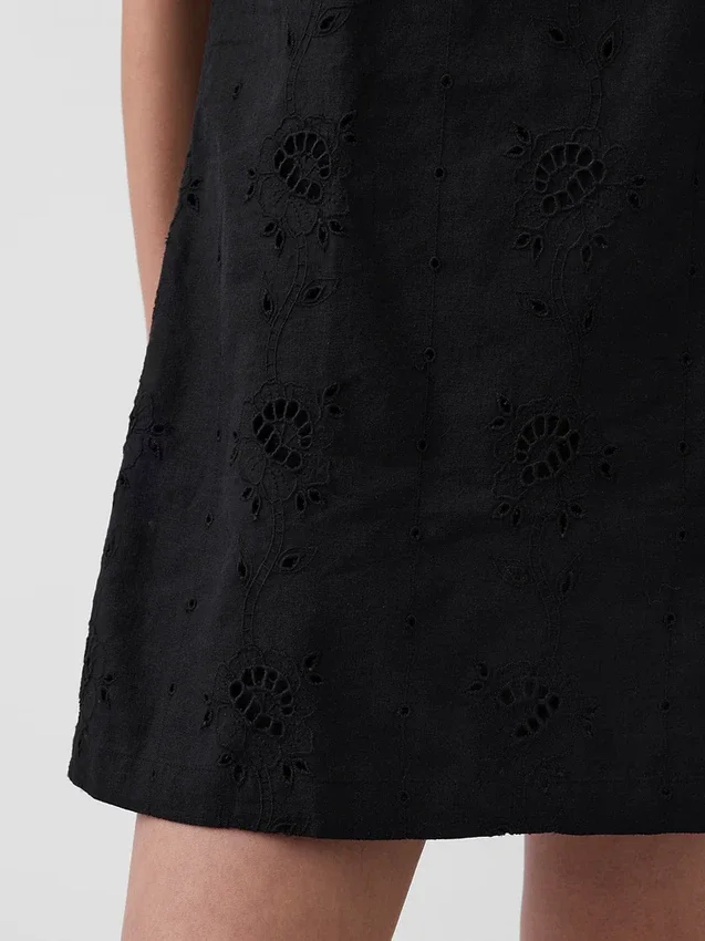 Mini-robe droite brodée en mélange de lin
