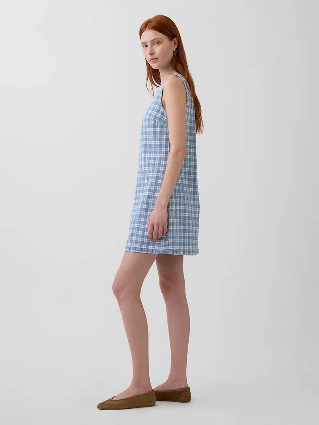 Mini-robe droite en denim à carreaux