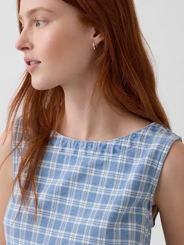 Mini-robe droite en denim à carreaux