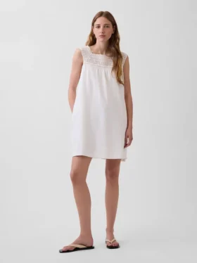 Mini-robe à empiècement en crochet en mélange de lin