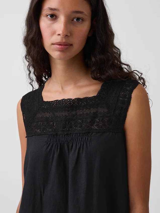 Mini-robe à empiècement en crochet, mélange de lin