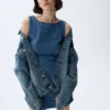 Mini-robe en denim à col bateau et dos nu
