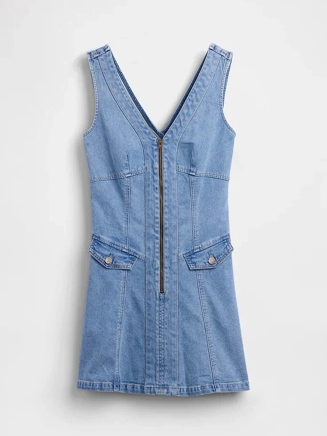Mini-robe en denim à coutures apparentes et fermeture éclair sur le devant