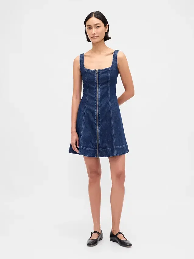 Mini-robe en denim à fermeture éclair sur le devant