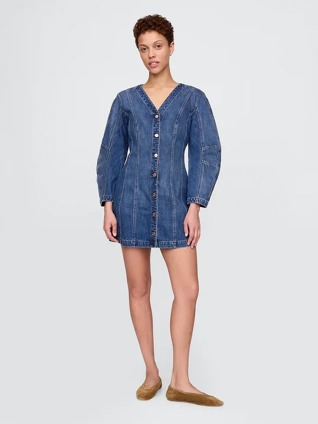 Mini-robe en denim à manches bouffantes