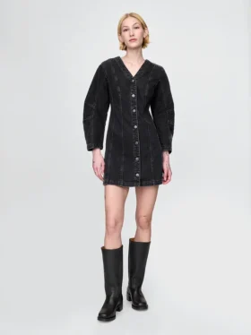 Mini-robe en denim à manches bouffantes