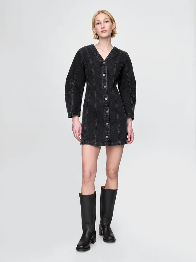 Mini-robe en denim à manches bouffantes